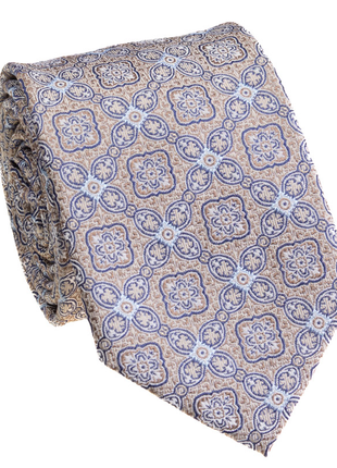 Premium Silk Taupe & Blue Floral Medallion Silk Hand-Made Tie