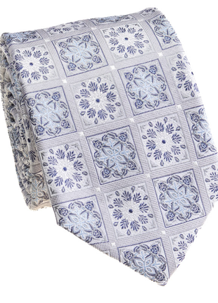 Premium Silk Silver & Blue Floral Square Medallion Silk Hand-Made Tie