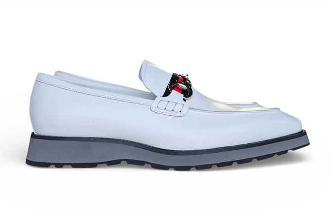 Carrucci White Full Grain Leather Horsebit Hybrid Sole Loafers, 10 D