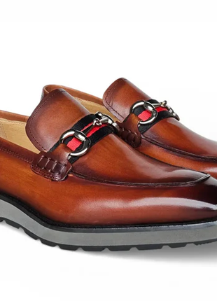Carrucci Whisky Brown Full Grain Leather Horsebit Hybrid Sole Loafers