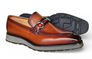 Carrucci Whisky Brown Full Grain Leather Horsebit Hybrid Sole Loafers