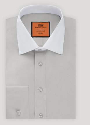 Steven Land Mens Solid Silver Contrast Spread Collar French Cuff Cotton Stretch Dress Shirt