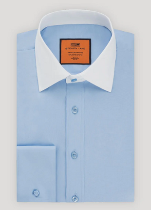 Steven Land Solid Light Blue Contrast Spread Collar Classic Fit French Cuff Cotton Stretch Dress Shirt