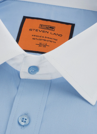 Steven Land Solid Light Blue Contrast Spread Collar Classic Fit French Cuff Cotton Stretch Dress Shirt