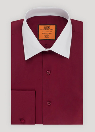 Steven Land Solid Burgundy Contrast Spread Collar Classic Fit French Cuff Cotton Stretch Dress Shirt