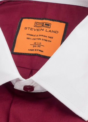 Steven Land Solid Burgundy Contrast Spread Collar Classic Fit French Cuff Cotton Stretch Dress Shirt