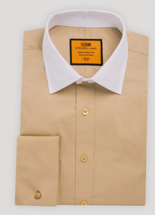 Steven Land Solid Khaki Contrast Spread Collar Classic Fit French Cuff Cotton Stretch Dress Shirt