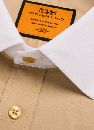 Steven Land Solid Khaki Contrast Spread Collar Classic Fit French Cuff Cotton Stretch Dress Shirt