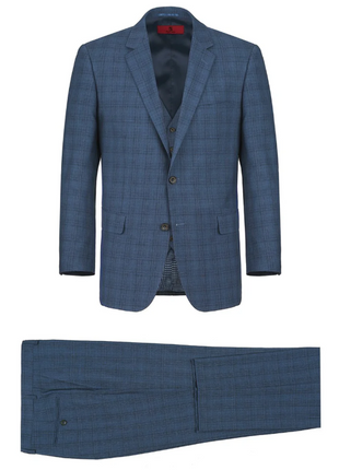 Raphael Blue Plaid Classic Fit Notch Lapel Two Button 3 Piece Suit