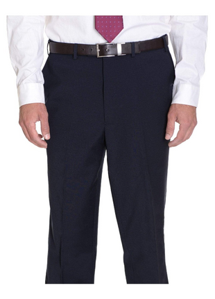 Mens Classic Fit Solid Navy Flat Front Wool Prehemmed Dress Pants