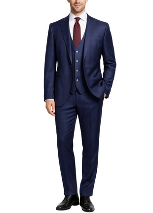 Corneliani Mens Solid Navy Fully-Canvassed Peak Lapels Classic Fit 3-Piece Wool Silk Suit - 34R - The Suit Depot