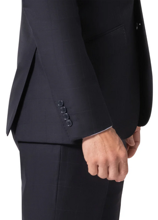 Beragamo Elegant Mens Navy Subtle Windowpane Modern Fit Notch Lapel Wool 2 Button Suit