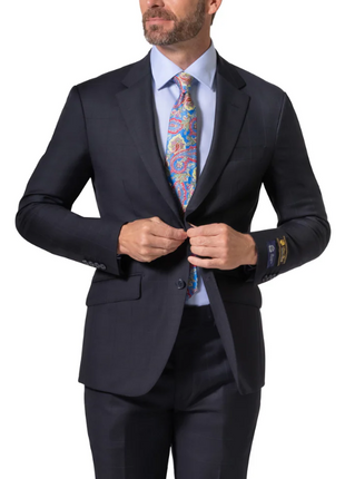 Beragamo Elegant Mens Navy Subtle Windowpane Modern Fit Notch Lapel Wool 2 Button Suit