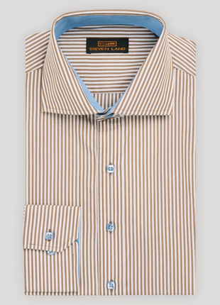 Steven Land Brown Bengal Stripe Cutaway Collar Barrel Cuff Cotton Dress Shirt