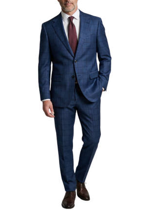 Centrion Men's Navy Blue Windowpane Classic Fit Notch Lapels 2 Button Wool Suit