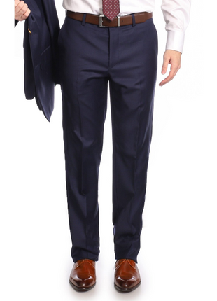 Mens Classic Fit Solid Navy Flat Front Wool Prehemmed Dress Pants