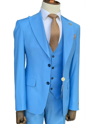 Romaster Mens Solid Light Blue Wool Blend 3 Piece Slim Fit Suit With Peak Lapels