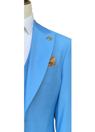 Romaster Mens Solid Light Blue Wool Blend 3 Piece Slim Fit Suit With Peak Lapels