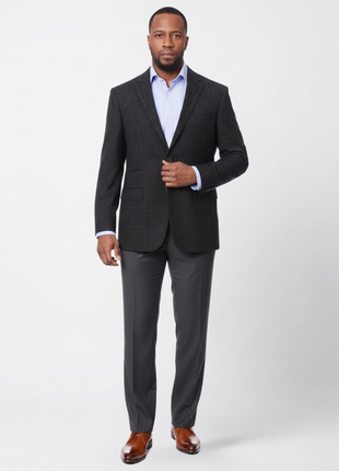 Prontomoda Mens Black& Blue Plaid 100% Wool Regular Fit Blazer Sport Coat