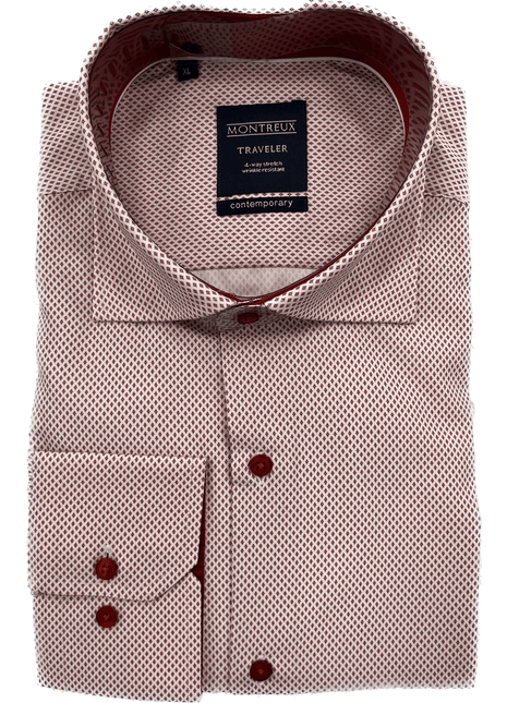 Montreux Mens Slim Fit Red Spread Collar 4-way Stretch Dress Shirt