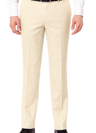 Mens Slim Fit Solid Tan Flat Front Wool Prehemmed Dress Pants