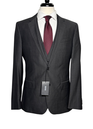 Hugo Boss Mens Charcoal Textured Notch Lapels Classic Fit 3-Piece Wool Silk Suit - 40R