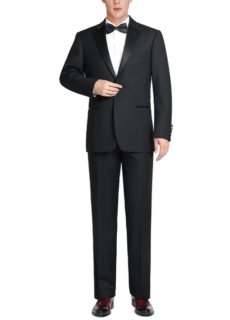 Raphael Solid Black Classic Fit 100% Wool Two Button Notch Lapel Tuxedo Suit