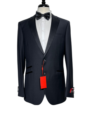 Napoli Mens Solid Black Notch Lapel Classic Fit 2-Button Wool Cashmere Tuxedo with Ticket Pocket - 42R