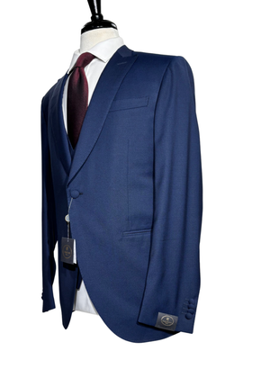 Corneliani Mens Blue Micro-Pattern Fully-Canvassed Peak Lapel Classic Fit 3-Piece Stretch Wool Suit - 42R - The Suit Depot