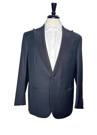 Brioni Mens Solid Black Fully-Canvassed Peak Lapel Classic Fit 1-Button Wool Tuxedo with Grosgrain Trim - 42R
