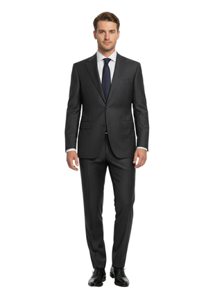 Canali Charcoal Grey Solid Notch Lapel 100% Wool 2 Button Suit 44R