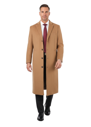 Mens Regular Fit Solid Camel Tan Full Length Wool Cashmere Overcoat Top Coat