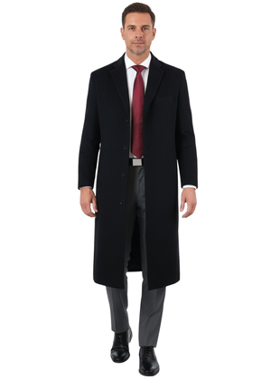 Mens Classic Fit Black Full Length Single Breasted Wool Cashmere Overcoat
