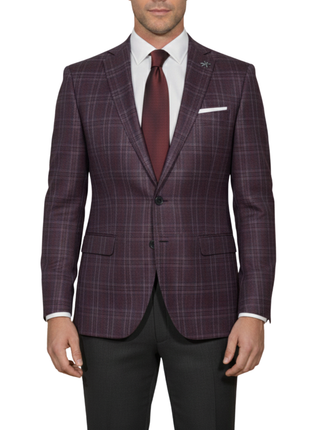 John Varvatos Glen Plaid Burgundy Slim Fit Wool Two Button Blazer Sportcoat