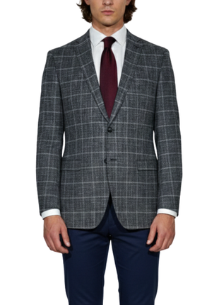 John Varvatos Gray Windowpane Textured Wool-Cotton Blend Sport Coat