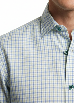 Mens Check Green and Blue Contemporary Fit Cotton Blend Stretch Spread Collar Dress Shirt