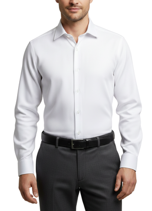 Mens White Textured Contemporary Fit Cotton Blend Stretch Spread Collar Dress Shirt - The Suit Depot