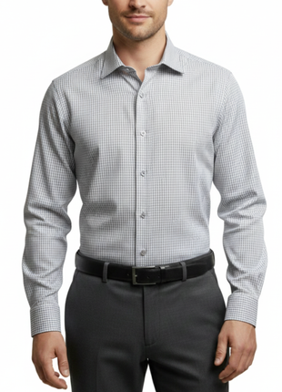 Mens Grid Check White & Black Slim Fit Cotton Blend Stretch Spread Collar Dress Shirt