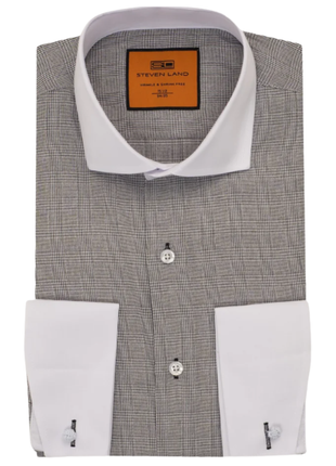 Steven Land Black Glen Check Spread Collar French Cuffs Wrinkle & Shrink Free Cotton Dress Shirt - The Suit Depot