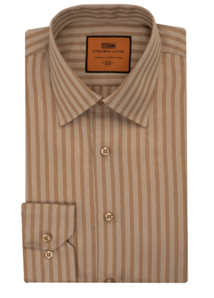 Steven Land Gold Striped Regular Fit Spread Collar Wrinkle & Shrink Free Cotton Dress Shirt