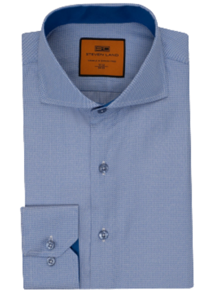Steven Land Sky Blue Micro Check Regular Fit Cutaway Collar Wrinkle & Shrink Free Cotton Dress Shirt - The Suit Depot