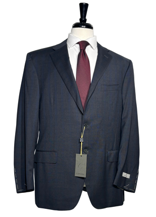 Canali Plaid Charcoal Gray & Blue Modern Fit Notch Lapel Wool 2-Button Suit 46R - The Suit Depot