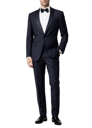 Canali Solid Midnight Blue With Black Satin Shawl Lapel Slim Fit 1-Button Wool Tuxedo 38R - The Suit Depot