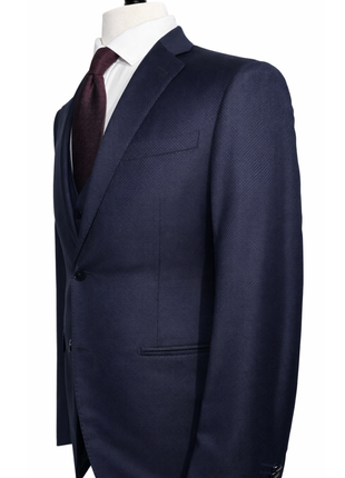 Corneliani Mens Navy Micro-Pattern Fully-Canvassed Notch Lapel Slim Fit 3-Piece Wool Suit - 38S - The Suit Depot