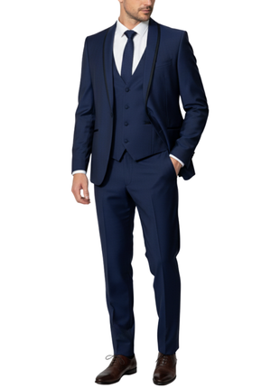 Corneliani Mens Blue With Black Trim Fully-Canvassed Shawl Lapel Classic Fit 3-Piece Wool Blend Tuxedo Suit - 36S - The Suit Depot