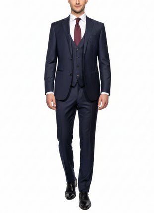 Corneliani Mens Navy Micro-Pattern Fully-Canvassed Notch Lapel Slim Fit 3-Piece Wool Suit - 38S - The Suit Depot