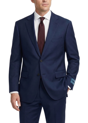 Tovaglia Mens Navy Textured Classic Fit Notch Lapels Wool Silk 2 Button Suit
