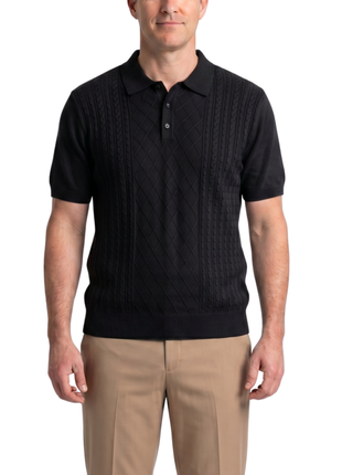 Lavane N.Y. Mens Black Diamond Knit Short Sleeve Polo Sweater Shirt
