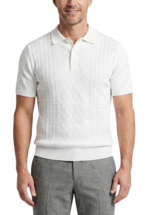 Lavane N.Y. Mens White Diamond Knit Short Sleeve Polo Sweater Shirt