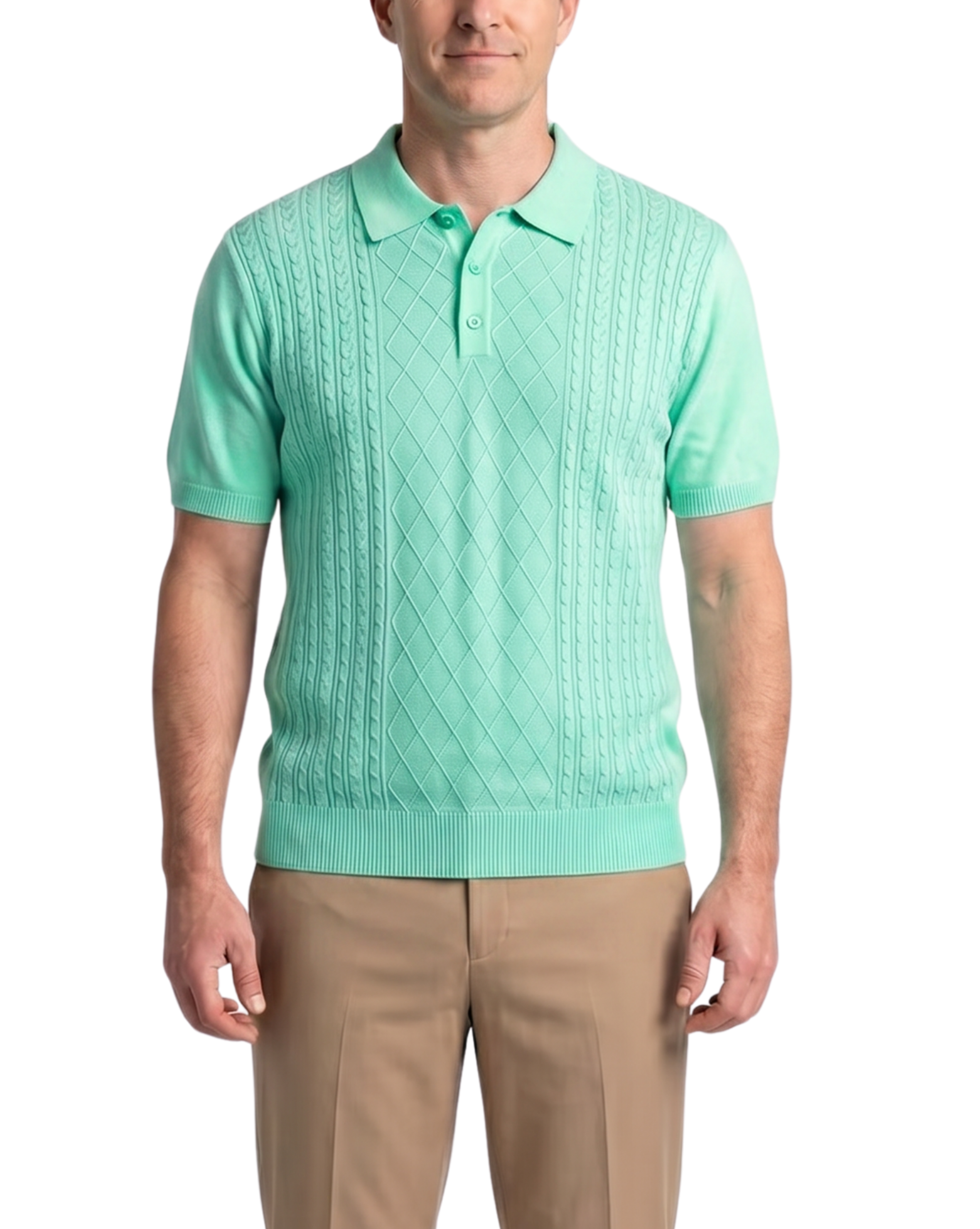 Lavane N.Y. Mens Mint Green Diamond Knit Short Sleeve Polo Sweater Shirt, XL Lavane N.Y. Mens Mint Green Diamond Knit Short Sleeve Polo Sweater Shirt, XL